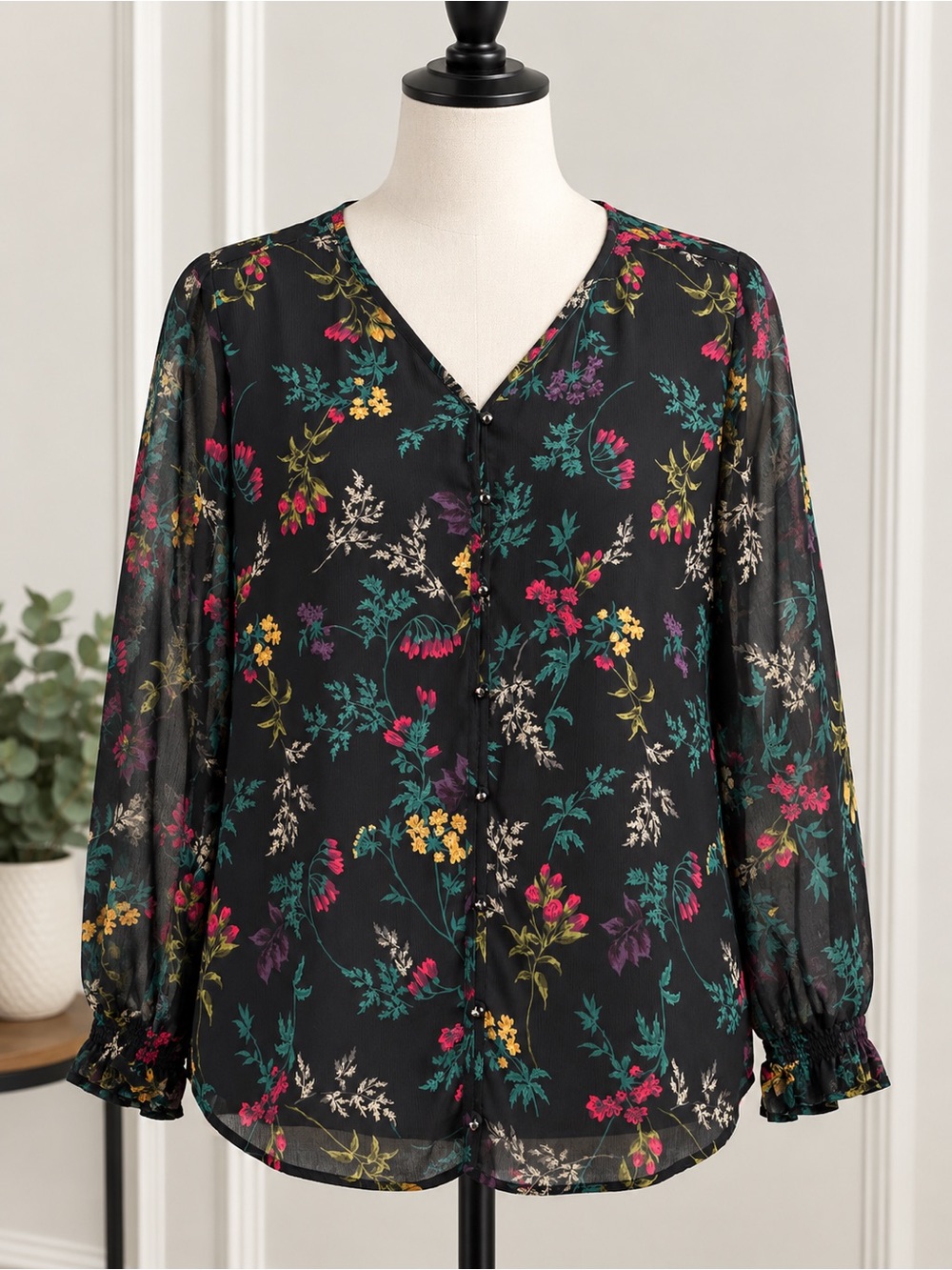 CJ Banks Black Sheer Floral Button-Front Blouse